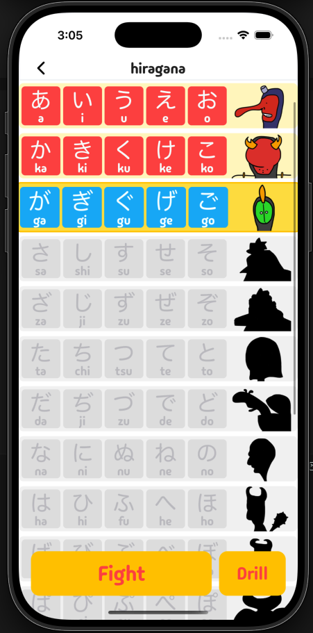 Kana Fighter Hiragana progression map with completed, active, and locked Kana rows and Fight and Drill actions.